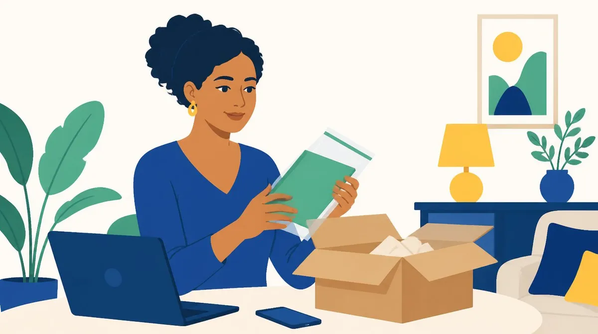 Ilustração de uma mulher sorrindo, sentada à mesa da sala, com um notebook e um celular à frente, segurando um produto embalado em plástico ao lado de uma caixa de papelão aberta.