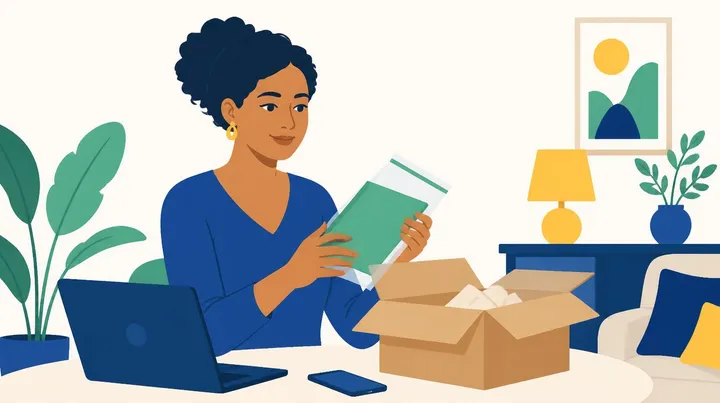 Ilustração de uma mulher sorrindo, sentada à mesa da sala, com um notebook e um celular à frente, segurando um produto embalado em plástico ao lado de uma caixa de papelão aberta.