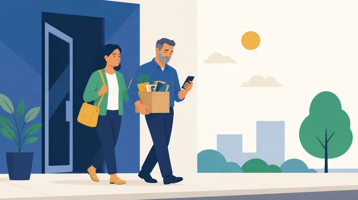 Ilustração de um homem de meia-idade saindo de um prédio com uma caixa de pertences, olhando o celular, ao lado de uma mulher de casaco verde, em uma calçada com árvore e prédios ao fundo