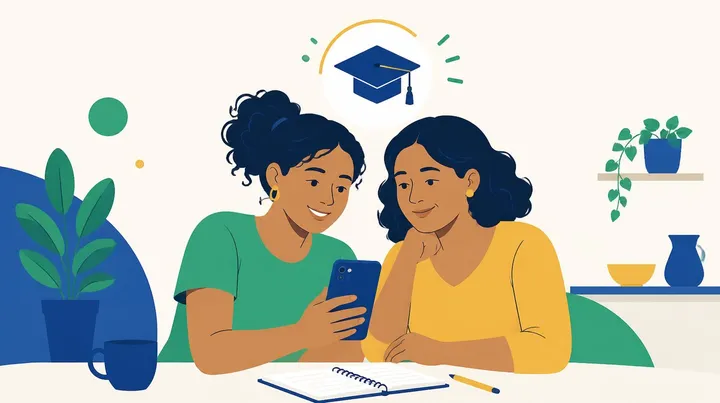Ilustração de duas mulheres sentadas à mesa, mãe e filha, olhando juntas o celular, com um caderno e um lápis na frente delas e um capelo de formatura em um círculo acima, em azul, verde e amarelo.