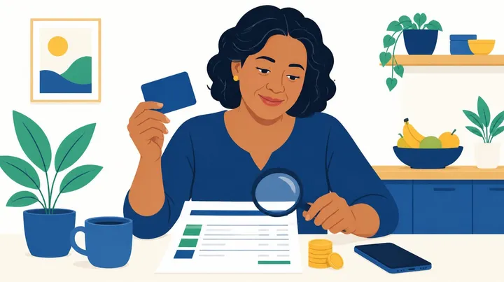 Ilustração de uma mulher de cabelo escuro e ondulado sentada à mesa da cozinha, segurando um cartão azul liso numa das mãos e uma lupa sobre uma fatura impressa, com uma pilha de moedas e um celular ao lado