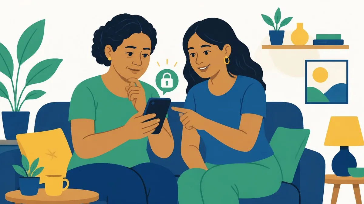 Ilustração de duas mulheres brasileiras sentadas num sofá: uma mulher mais velha segura o celular, pensativa, e a filha aponta para a tela; sobre o aparelho aparece um ícone de cadeado.