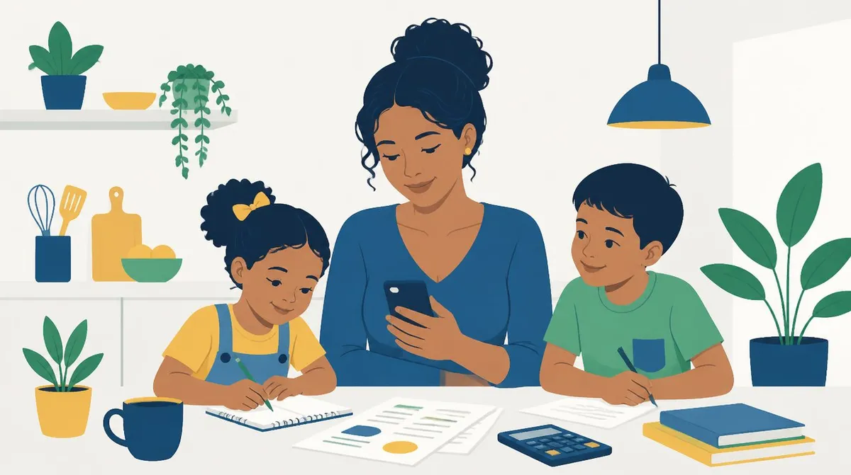Ilustração de uma mãe com o celular na mão, sentada à mesa da cozinha entre uma menina e um menino que escrevem em cadernos, com papéis e uma calculadora sobre a mesa