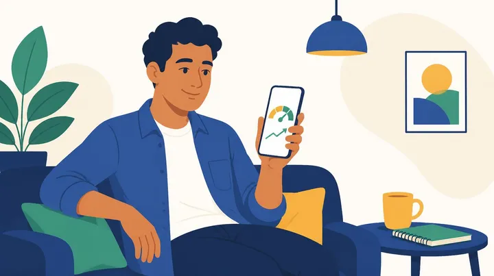 Ilustração de um homem de cabelo cacheado e camisa azul sentado em um sofá, olhando para um celular que mostra um medidor em arco com uma seta verde subindo, com uma planta, um abajur, uma caneca e um caderno ao redor