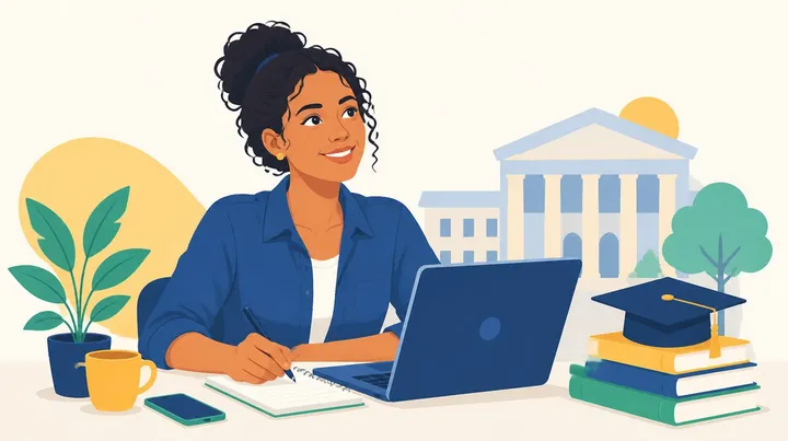 Ilustração de uma jovem de cabelo cacheado preso, sentada a uma mesa, anotando em um caderno ao lado de um notebook, com uma xícara, um celular, uma pilha de livros com um capelo de formatura e um prédio de universidade ao fundo