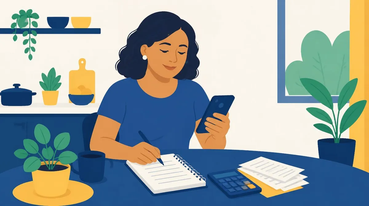 Ilustração de uma mulher de cabelo escuro e blusa azul sentada à mesa da cozinha, anotando em um caderno com uma caneta, com um celular na outra mão, uma calculadora, papéis, uma caneca e vasos de planta ao redor