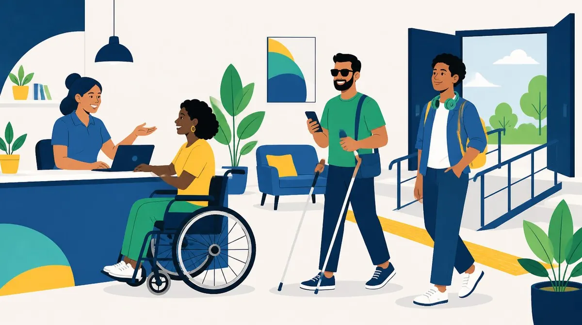 Ilustração de um balcão de atendimento acessível: uma atendente sorridente conversa com uma mulher negra em cadeira de rodas, enquanto um homem de óculos escuros com bengala e celular na mão e um jovem de fones no pescoço caminham em direção a uma rampa com corrimão.