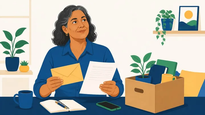 Ilustração de uma mulher de meia-idade, de camisa azul, sentada à mesa em casa, segurando um envelope amarelo e uma folha de papel, com um celular, um caderno e uma caixa de papelão com planta, livro e caneca ao lado