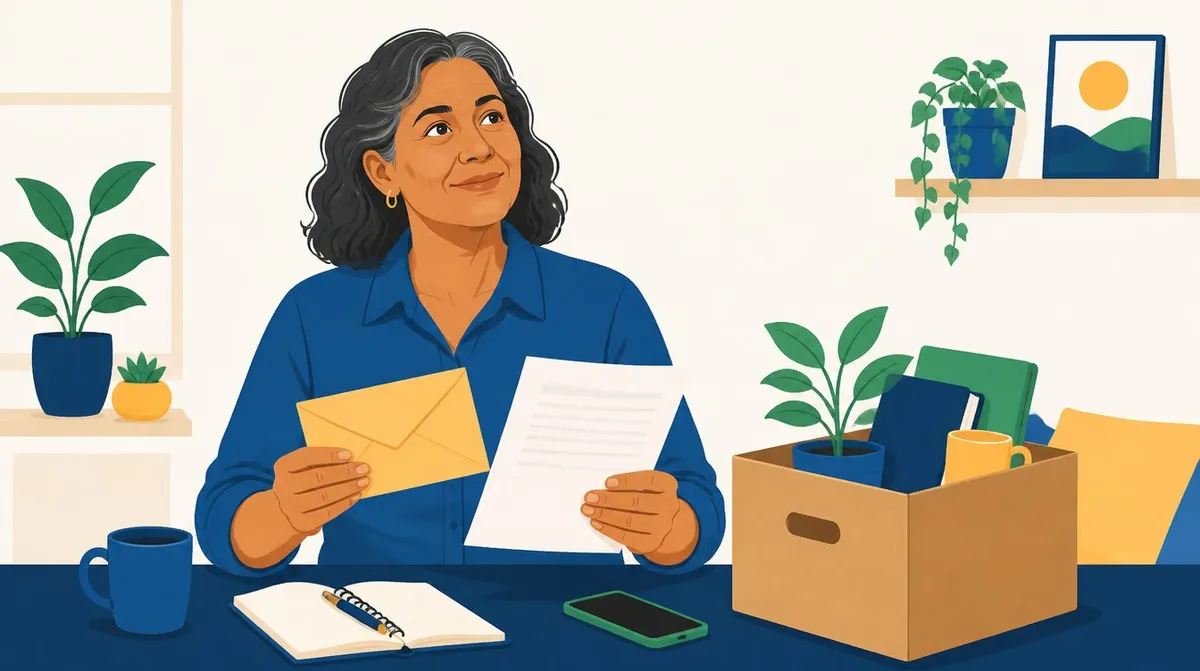 Ilustração de uma mulher de meia-idade, de camisa azul, sentada à mesa em casa, segurando um envelope amarelo e uma folha de papel, com um celular, um caderno e uma caixa de papelão com planta, livro e caneca ao lado