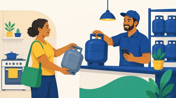 Ilustração de uma mulher entregando um botijão de gás vazio a um atendente sorridente, que segura um botijão cheio sobre o balcão de uma revenda, com celular na mão e prateleira de botijões ao fundo.