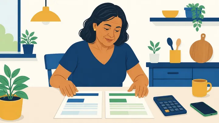 Ilustração de uma mulher de meia-idade, de cabelo escuro, sentada à mesa da cozinha, olhando com atenção duas folhas de proposta lado a lado, com uma calculadora e um celular ao lado