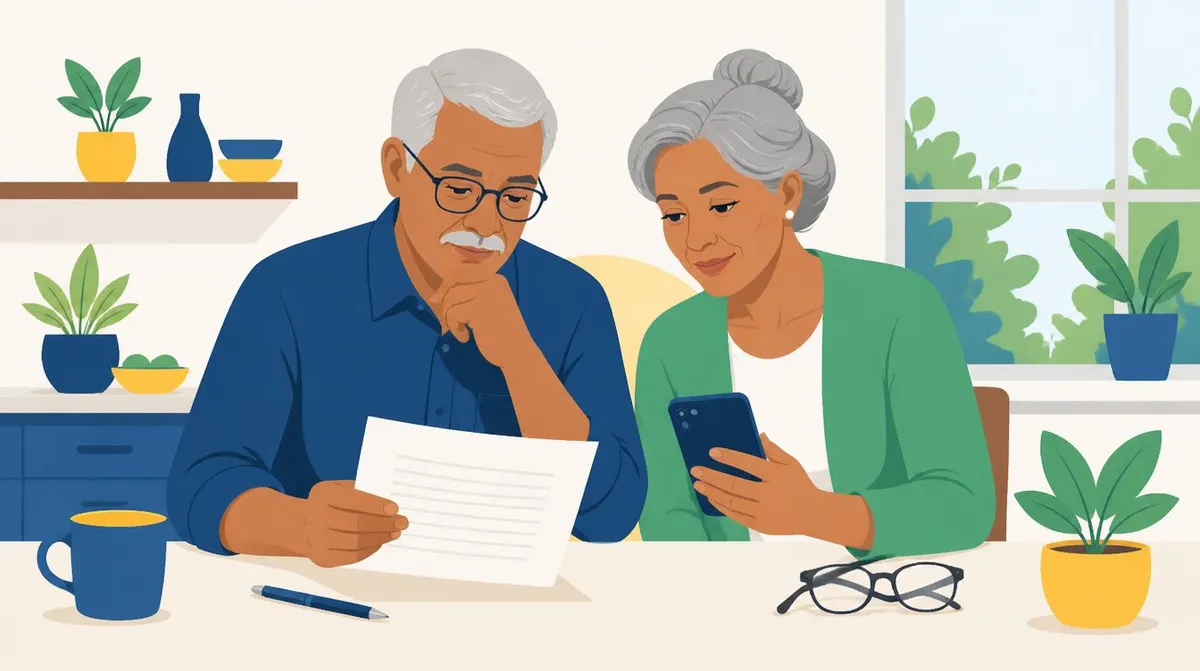 Ilustração de um casal de idosos brasileiros sentados à mesa da cozinha: o homem, de óculos, lê com atenção uma folha de papel, e a mulher, ao lado, olha o celular na mão, com caneta, óculos e plantas por perto