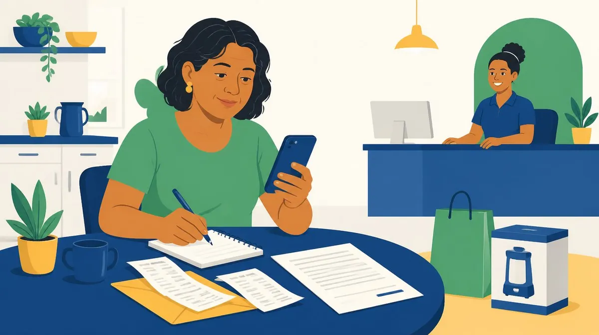 Ilustração de uma mulher sentada à mesa com o celular na mão e um caderno, com recibos, um contrato e uma caixa de produto ao lado, e uma atendente sorrindo ao fundo