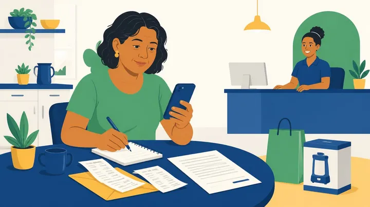 Ilustração de uma mulher sentada à mesa com o celular na mão e um caderno, com recibos, um contrato e uma caixa de produto ao lado, e uma atendente sorrindo ao fundo