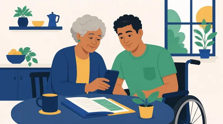 Ilustração de uma senhora de cabelos grisalhos e um jovem em cadeira de rodas olhando juntos um celular, sentados a uma mesa com papéis, uma xícara e um vaso de planta