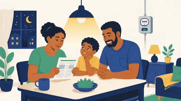 Ilustração de uma família brasileira de três pessoas à mesa da sala, à noite, sob uma lâmpada acesa: a mãe segura uma conta de papel, o filho apoia o rosto na mão e o pai sorri. Na parede ao fundo há um medidor de luz.