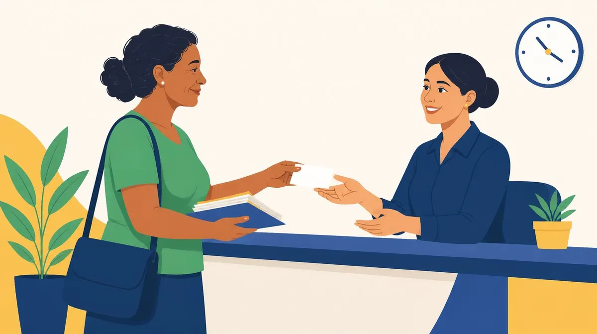 Ilustração de uma mulher de bolsa a tiracolo entregando uma pasta de papéis e um cartão a uma atendente sorridente, do outro lado do balcão de um posto de atendimento, com um relógio na parede e vasos de planta.