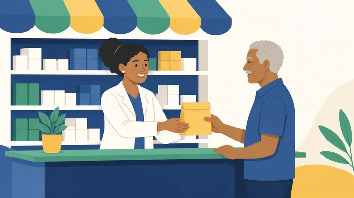 Ilustração de uma farmacêutica de jaleco branco entregando uma sacola de papel amarela a um senhor de cabelos grisalhos, atrás de um balcão verde, com prateleiras de caixas lisas ao fundo e um toldo listrado em azul, verde e amarelo