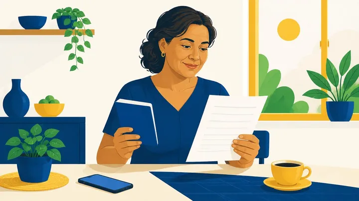 Ilustração de uma mulher de meia-idade sentada à mesa da cozinha, comparando uma carteira azul com uma folha de papel, com um celular e uma xícara de café ao lado