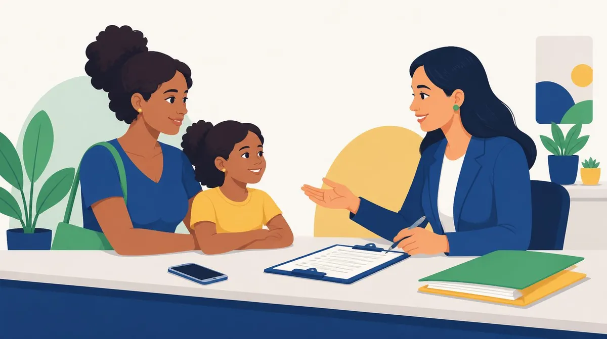 Ilustração de uma mulher e uma menina sentadas diante de uma atendente em um balcão, com uma prancheta com formulário, um celular e uma pasta de documentos sobre a mesa