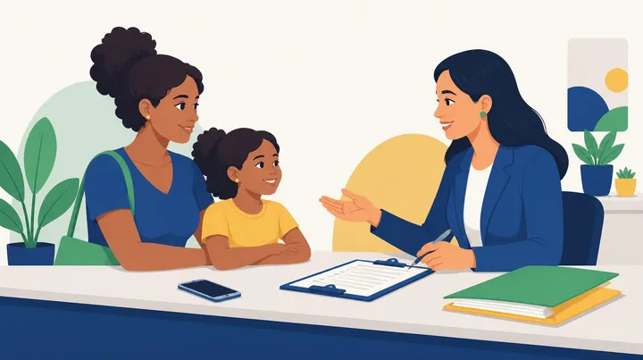 Ilustração de uma mulher e uma menina sentadas diante de uma atendente em um balcão, com uma prancheta com formulário, um celular e uma pasta de documentos sobre a mesa