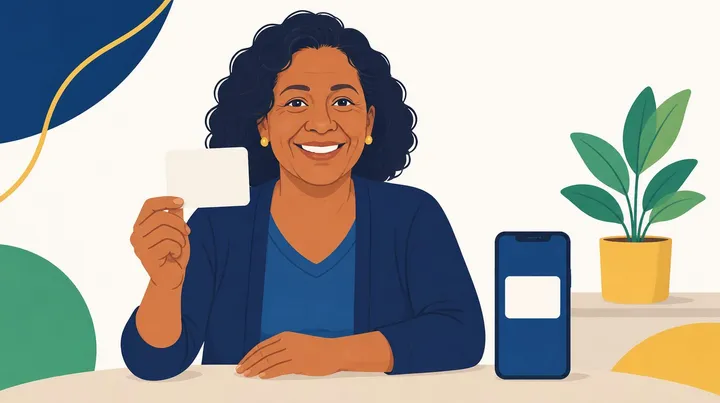 Ilustração de uma mulher de meia-idade, de cabelo escuro e cacheado, sorrindo à mesa e segurando um cartão em branco, com um celular em pé ao lado e uma planta em um vaso amarelo ao fundo