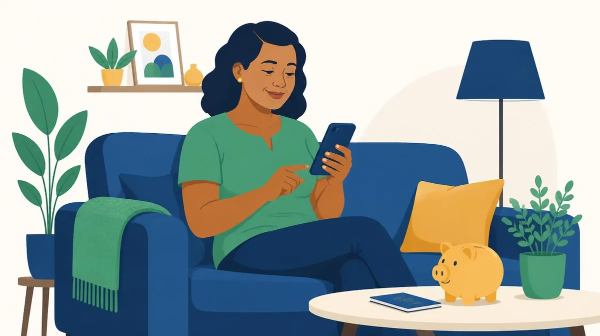 Ilustração de uma mulher de meia-idade sorrindo, sentada num sofá azul, olhando o celular que segura; na mesa de centro ao lado, um cofrinho amarelo em forma de porquinho e uma carteira de trabalho.