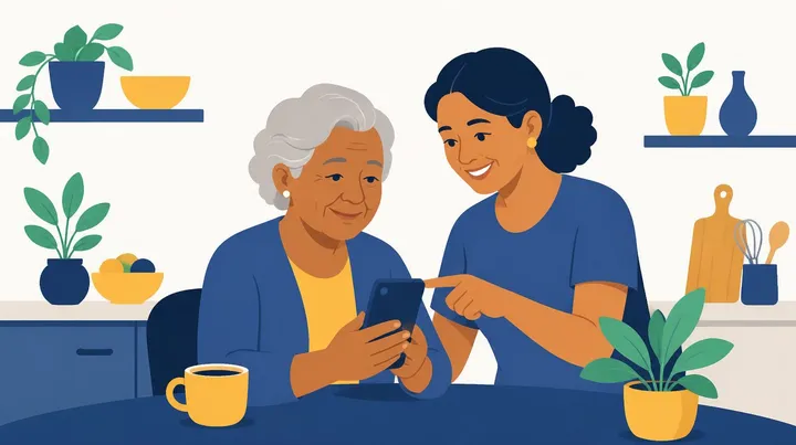 Ilustração de uma senhora de cabelos grisalhos segurando um celular, enquanto uma mulher mais jovem sentada ao lado aponta para a tela, numa mesa de cozinha com uma xícara de café e vasos de planta