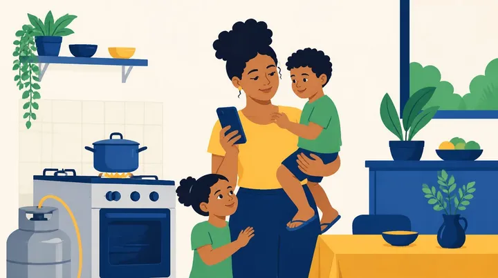 Ilustração de uma mãe na cozinha com um menino no colo e uma menina ao lado, olhando o celular, perto de um fogão aceso ligado a um botijão de gás