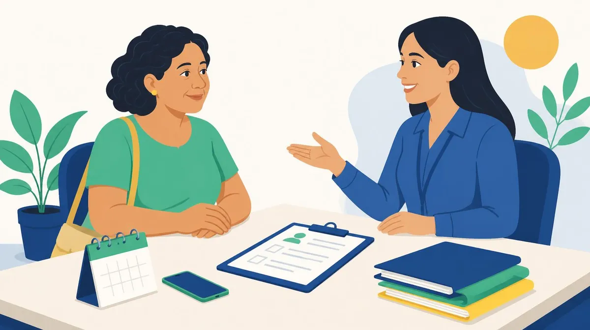Ilustração de uma mulher de blusa verde com bolsa a tiracolo conversando com uma atendente de blusa azul, com uma prancheta com formulário, um calendário de mesa, um celular e pastas de documentos sobre a mesa