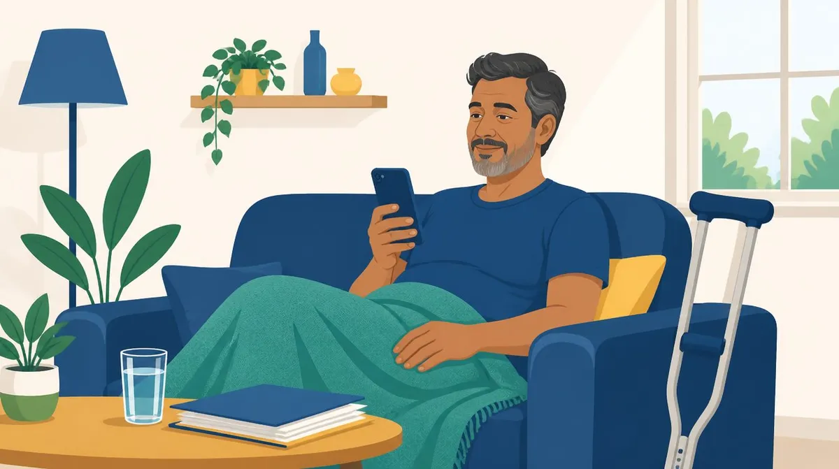 Ilustração de um homem de meia-idade descansando num sofá azul, coberto por uma manta verde, olhando o celular, com uma muleta ao lado, um copo de água e uma pasta de papéis sobre a mesa de centro