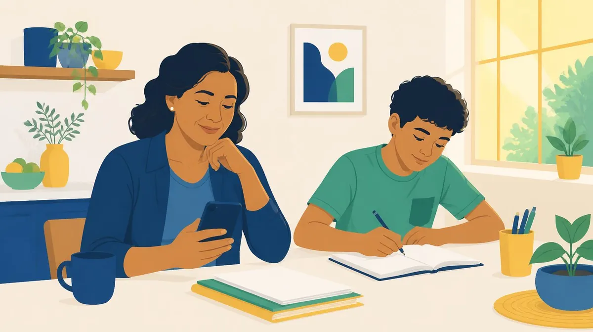 Ilustração de uma mulher de cabelo escuro e casaco azul, sentada à mesa da cozinha, olhando o celular com ar tranquilo, enquanto o filho adolescente, de camiseta verde, escreve em um caderno ao lado dela