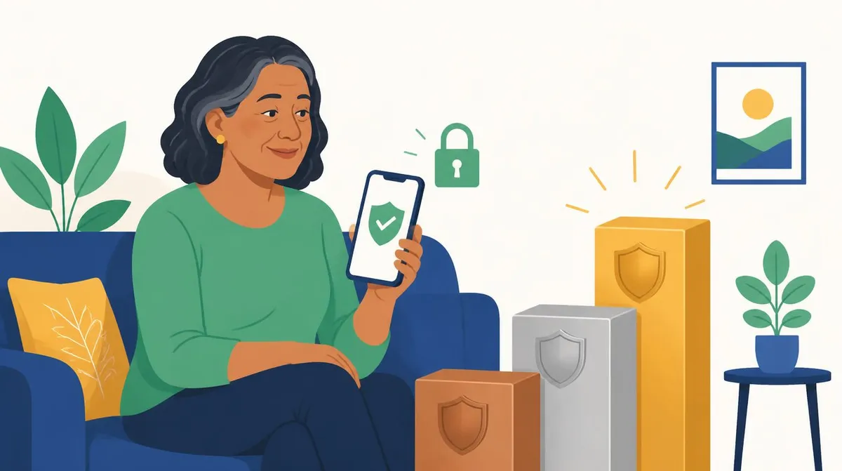 Ilustração de uma mulher de cabelos escuros e grisalhos sentada num sofá azul, segurando um celular com um escudo e um sinal de certo, ao lado de três blocos nas cores bronze, prata e ouro, em degraus crescentes, com um cadeado verde flutuando perto