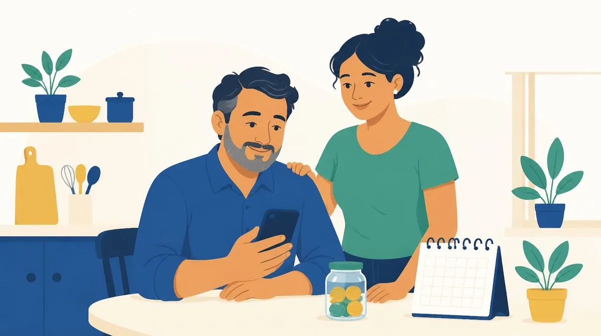 Ilustração de um homem de meia-idade, de camisa azul, olhando o celular numa mesa de cozinha, com a esposa sorrindo ao lado dele; sobre a mesa há um pote com moedas e um calendário sem números.