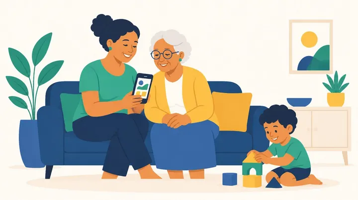 Ilustração de uma mulher e sua mãe idosa, sentadas lado a lado num sofá azul, olhando juntas para um celular, enquanto uma criança brinca com blocos de montar no chão da sala