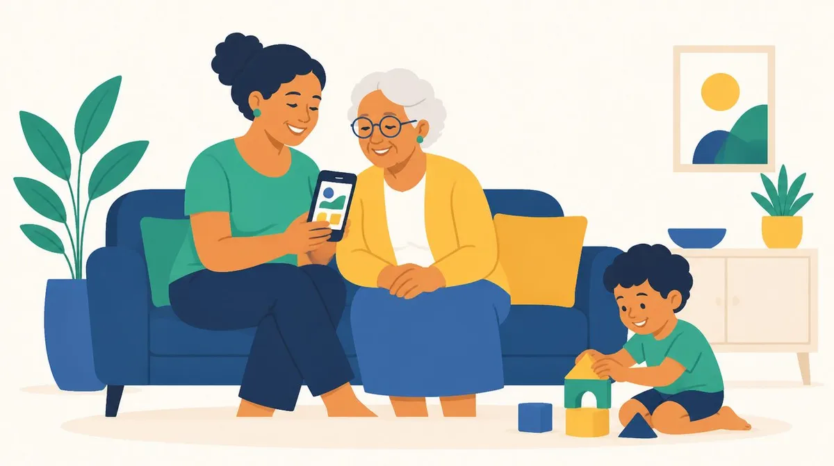 Ilustração de uma mulher e sua mãe idosa, sentadas lado a lado num sofá azul, olhando juntas para um celular, enquanto uma criança brinca com blocos de montar no chão da sala