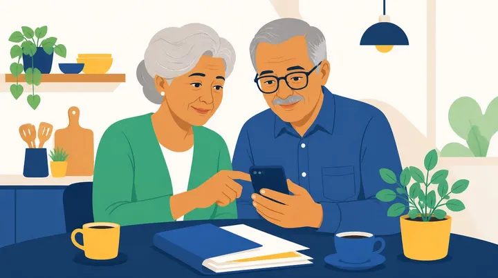 Ilustração de um casal de idosos, uma mulher de cabelos grisalhos e um homem de óculos, olhando juntos um celular numa mesa de cozinha com papéis, duas xícaras de café e vasos de planta