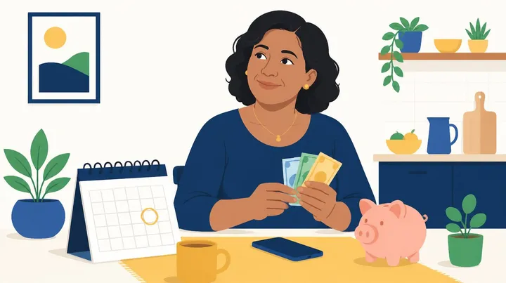 Ilustração de uma mulher de cabelos escuros e blusa azul sentada à mesa da cozinha, segurando algumas notas de dinheiro, com um calendário de mesa com uma data circulada, um celular, uma caneca e um cofre de porquinho ao lado