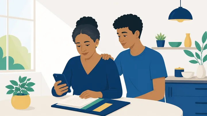 Ilustração de uma mulher de meia-idade sentada à mesa da cozinha, olhando o celular ao lado de uma pasta com documentos, enquanto o filho adolescente, em pé atrás dela, apoia a mão no seu ombro