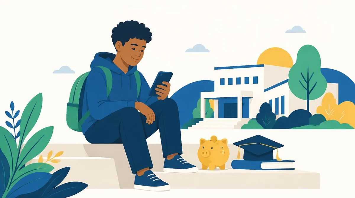 Ilustração de um estudante de moletom azul e mochila verde sentado em degraus, olhando o celular, com um cofrinho amarelo e um capelo de formatura ao lado e uma escola ao fundo