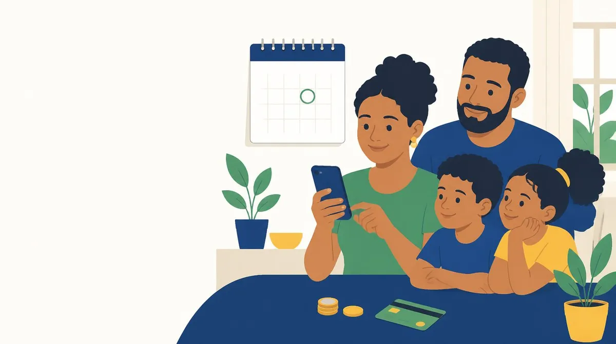 Ilustração de uma família brasileira em casa conferindo o celular, com um calendário na parede e moedas e um cartão sobre a mesa