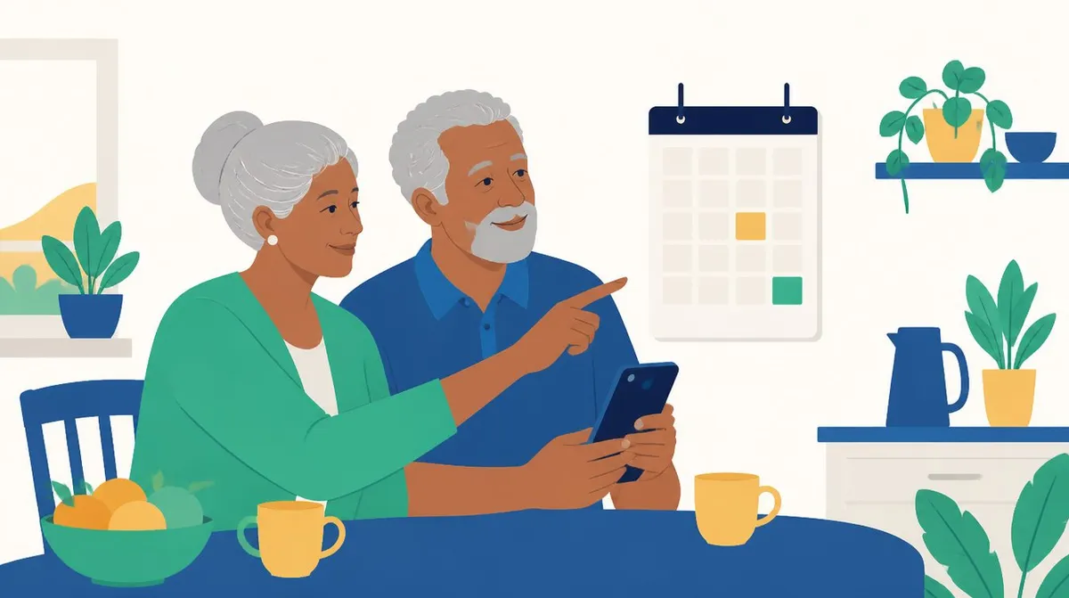 Ilustração de um casal de idosos à mesa da cozinha: ela aponta para um calendário na parede e ele segura o celular, com duas xícaras e uma fruteira na mesa