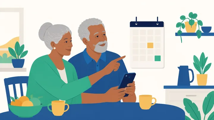 Ilustração de um casal de idosos à mesa da cozinha: ela aponta para um calendário na parede e ele segura o celular, com duas xícaras e uma fruteira na mesa