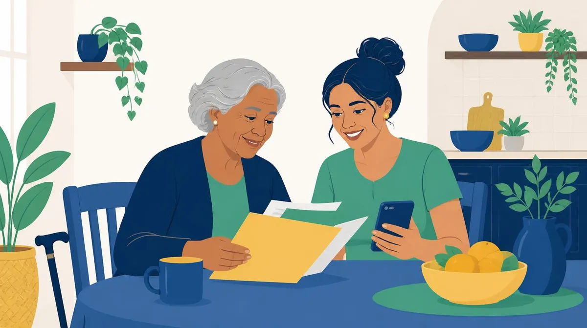 Ilustração de uma senhora de cabelos grisalhos e uma mulher mais jovem sentadas a uma mesa, olhando juntas uma pasta de documentos e um celular, com uma bengala apoiada na cadeira e uma tigela de laranjas sobre a mesa