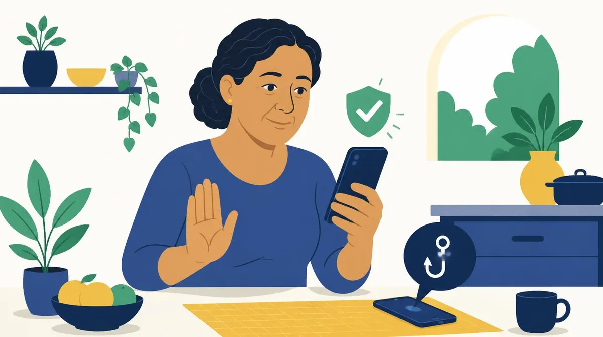 Ilustração de uma mulher de cabelo escuro preso, sentada à mesa da cozinha, olhando para o celular que segura enquanto a outra mão fica levantada em sinal de pare; ao lado, um escudo verde com sinal de certo e, sobre a mesa, outro celular com um balão com um anzol