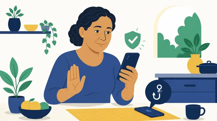 Ilustração de uma mulher de cabelo escuro preso, sentada à mesa da cozinha, olhando para o celular que segura enquanto a outra mão fica levantada em sinal de pare; ao lado, um escudo verde com sinal de certo e, sobre a mesa, outro celular com um balão com um anzol