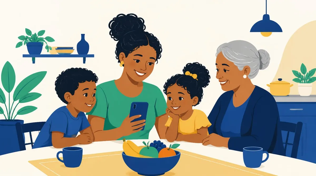 Ilustração de uma mãe sorrindo com o celular na mão, cercada por dois filhos pequenos e pela avó, sentados à mesa da cozinha com uma fruteira à frente