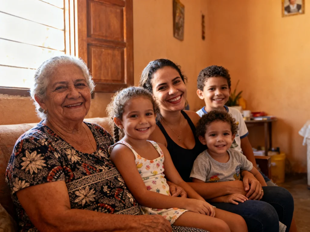 Família brasileira beneficiária do Bolsa Família reunida em casa