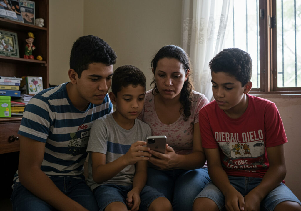 Família brasileira verificando se tem direito ao Bolsa Família pelo celular